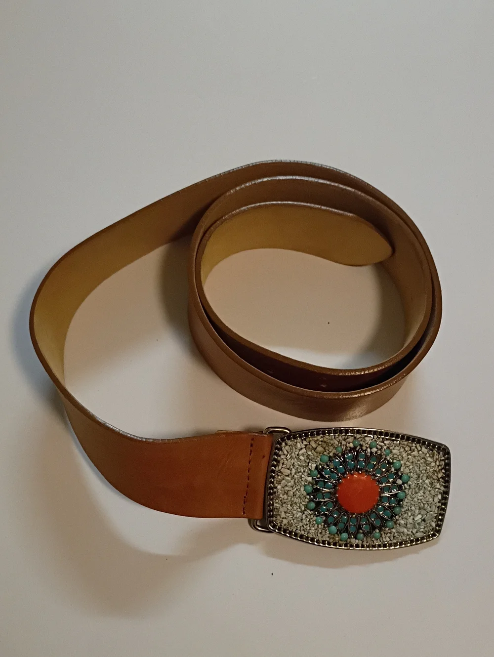 VTG Women Brown Soft Leather Belt Turquoise Coral Decorative Buckle Boho USA